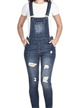 Distressed Skinny Denim Overalls Y2K Medium Wash Size S